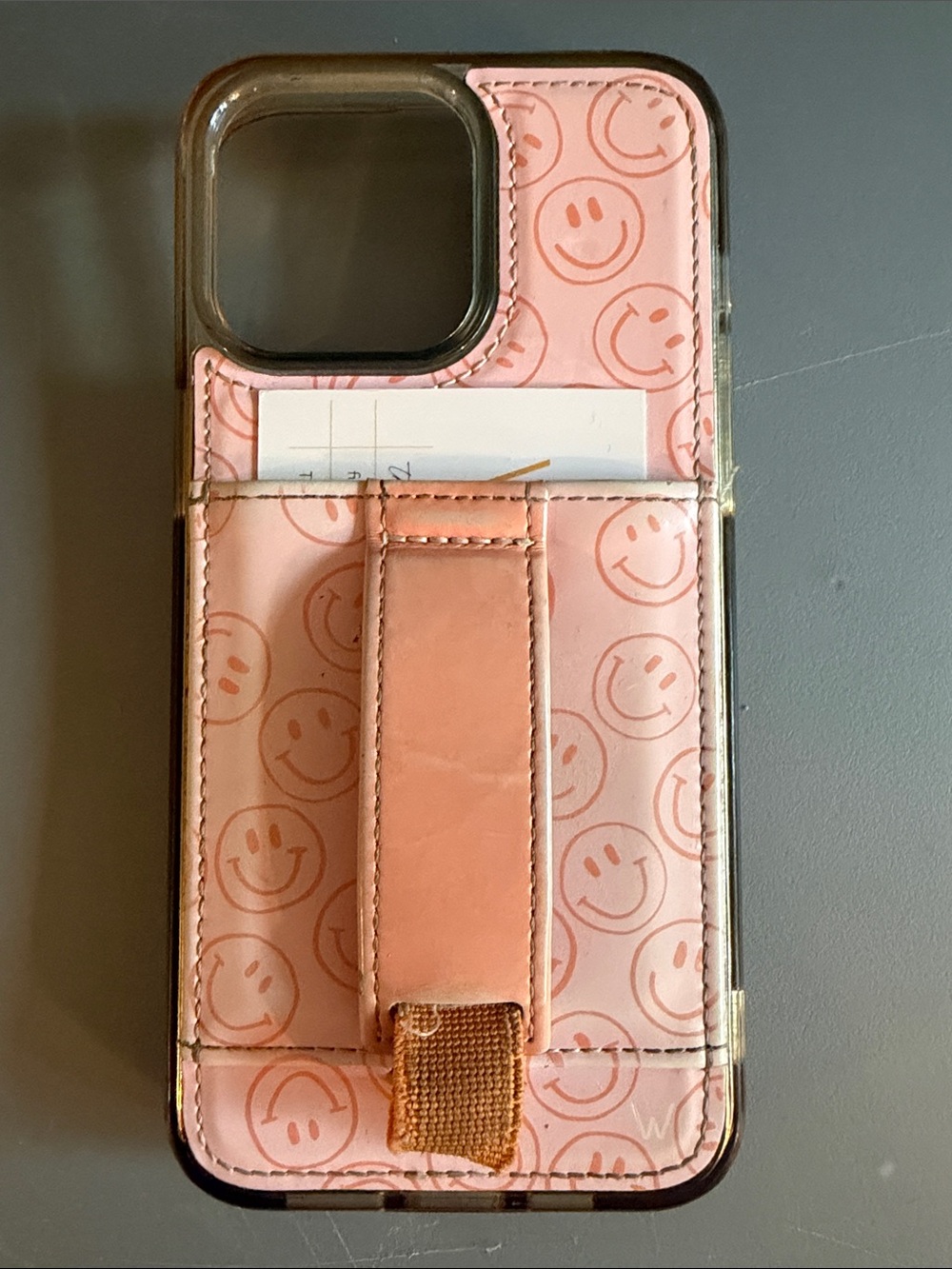 Waili Pink Smiley Card Pocket Phone Case with Hand Strap